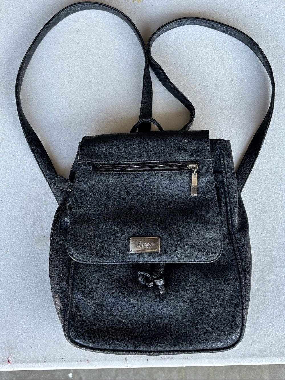 GUESS Black Leatherette Mini Backpack with Silver Hardware